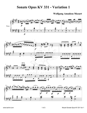Sonate Opus KV 331 Variation 1 نت آهنگ