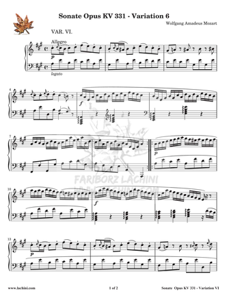 Sonate Opus KV 331 Variation 6 نت آهنگ